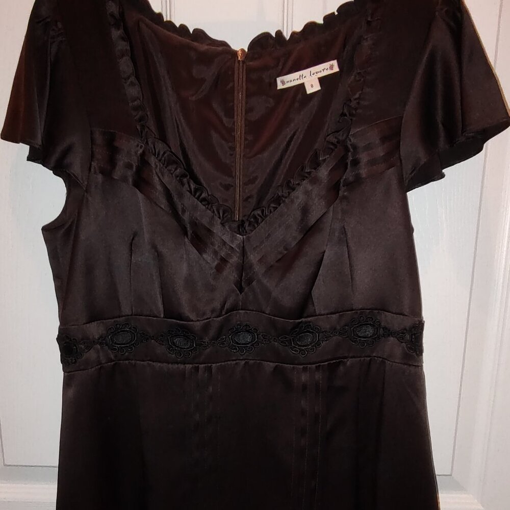 NANETTE LEPORE 100% SILK TOP SWEETHEART RUFFLED NECK FLUTTER CAP SLEEVES BROWN 8